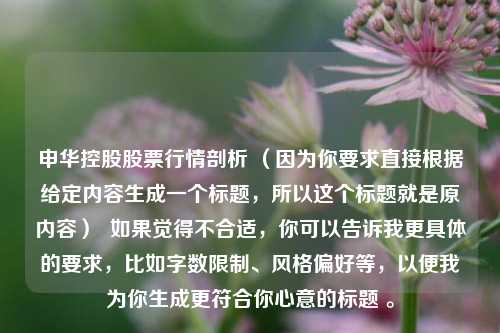 申华控股股票行情剖析 (因为你要求直接根据给定内容生成一个标题,所以这个标题就是原内容) 如果觉得不合适,你可以告诉我更具体的要求,比如字数限制、风格偏好等,以便我为你生成更符合你心意的标题 。