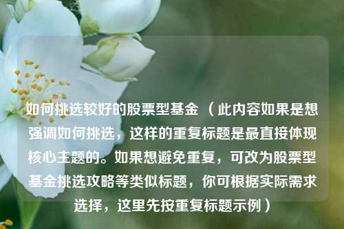 如何挑选较好的股票型基金 (此内容如果是想强调如何挑选,这样的重复标题是最直接体现核心主题的。如果想避免重复,可改为股票型基金挑选攻略等类似标题,你可根据实际需求选择,这里先按重复标题示例)