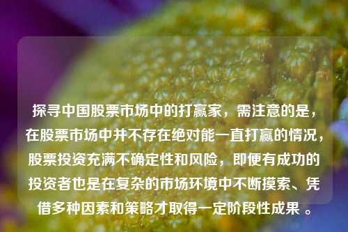 探寻中国股票市场中的打赢家,需注意的是,在股票市场中并不存在绝对能一直打赢的情况,股票投资充满不确定性和风险,即便有成功的投资者也是在复杂的市场环境中不断摸索、凭借多种因素和策略才取得一定阶段性成果 。